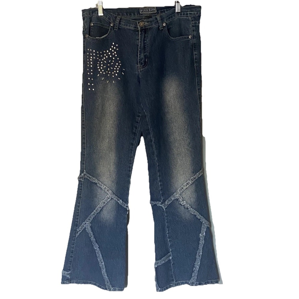 OLico Women's Denim Flare Embellished Jeans Size 11/31 Hippie Y2k‎ Distressed